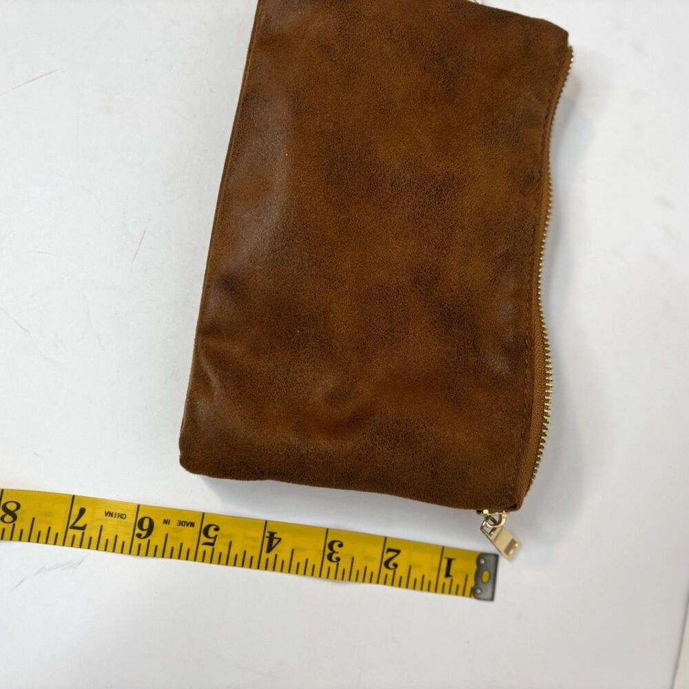 Caroline Hill Wristlet Clutch Brown Suede-Like Gold Zipper Removable Strap - Picture 8 of 9